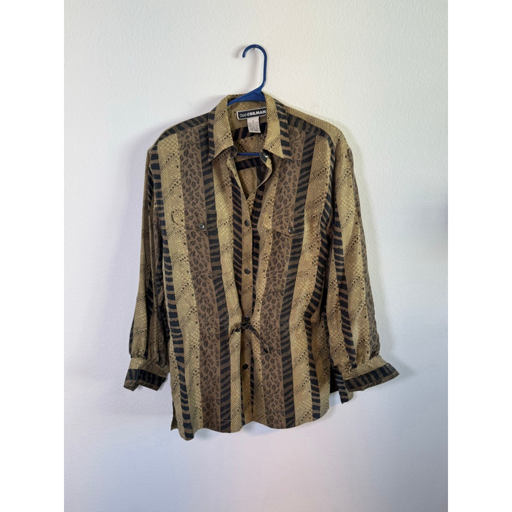 Vintage Women's Diane Gilman Olive Black Animal Print‎ Silk Button Down Shirt M